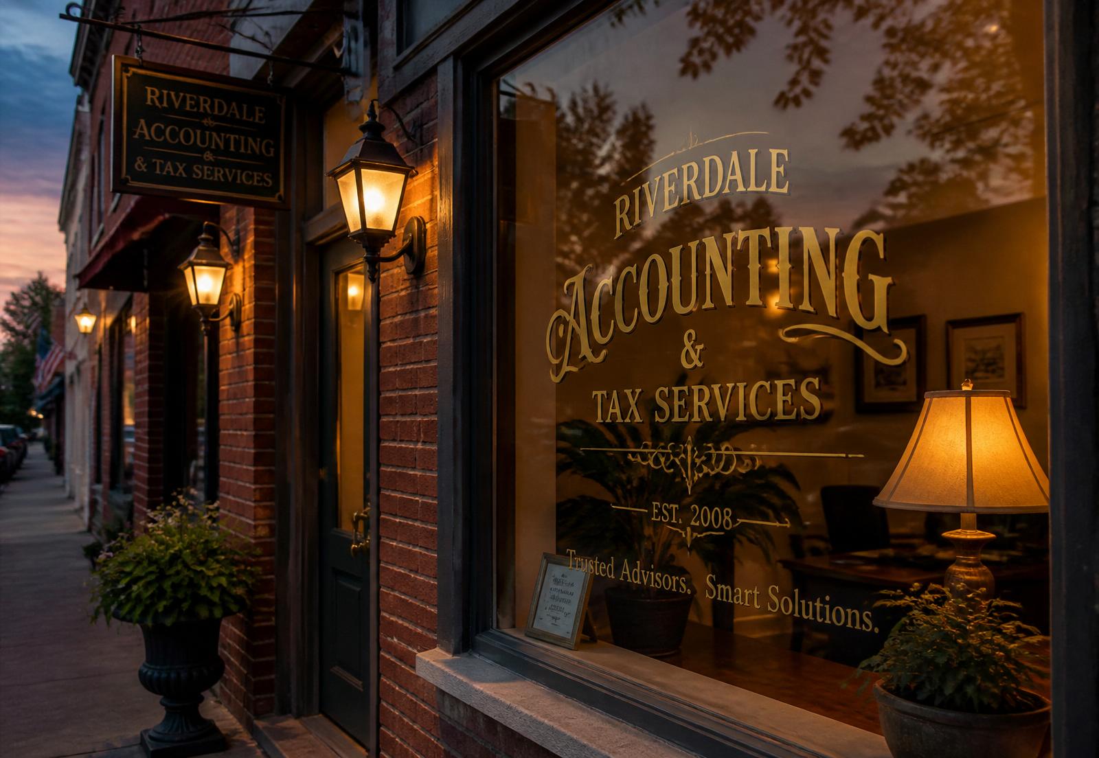 A warmly lit community accounting firm storefront at dusk